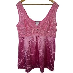 Vintage Amoureuse Pink Lace‎ Satin Chemise Nightgown Plus Size 1X Rosette V-Neck